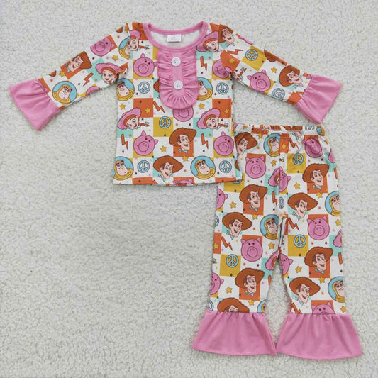 RTS NO MOQ（In Stock) GLP0669 Cartoon Toy Story Plaid Pink Lace Long Sleeve Pants Set