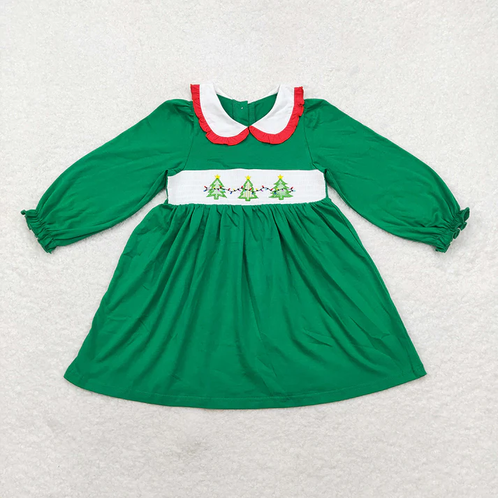 RTS NO MOQ GLD0579 smock embroidery Baby Girls Christmas Tree Sibling Sister Smocked Rompers Dresses