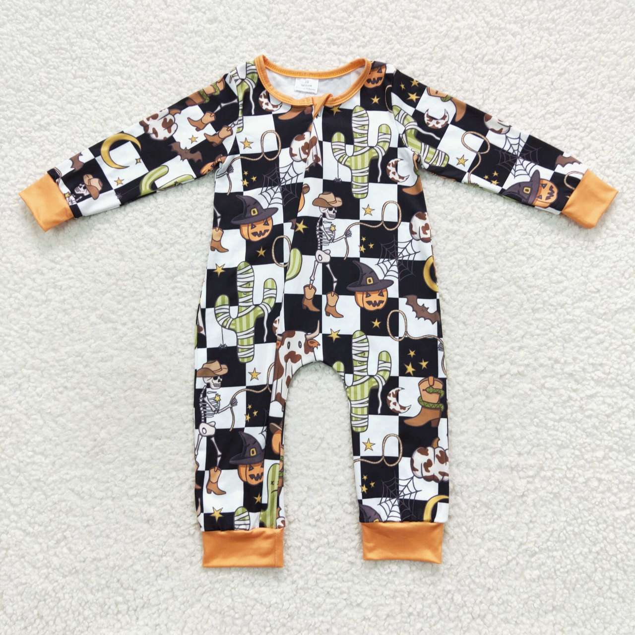 LR0404 Skull Cactus Pumpkin Black and White Plaid Zipper Long Sleeve Bodysuit