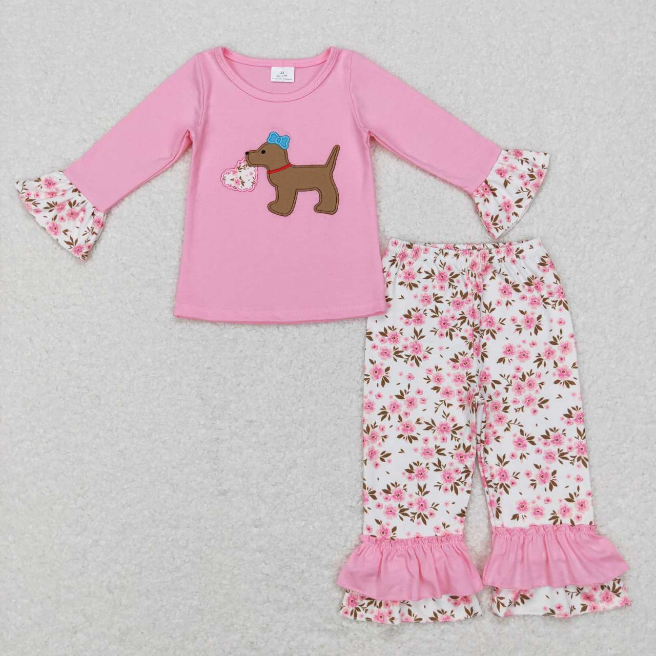 GLP0937 Embroidered flower love puppy pink lace long-sleeved trousers suit