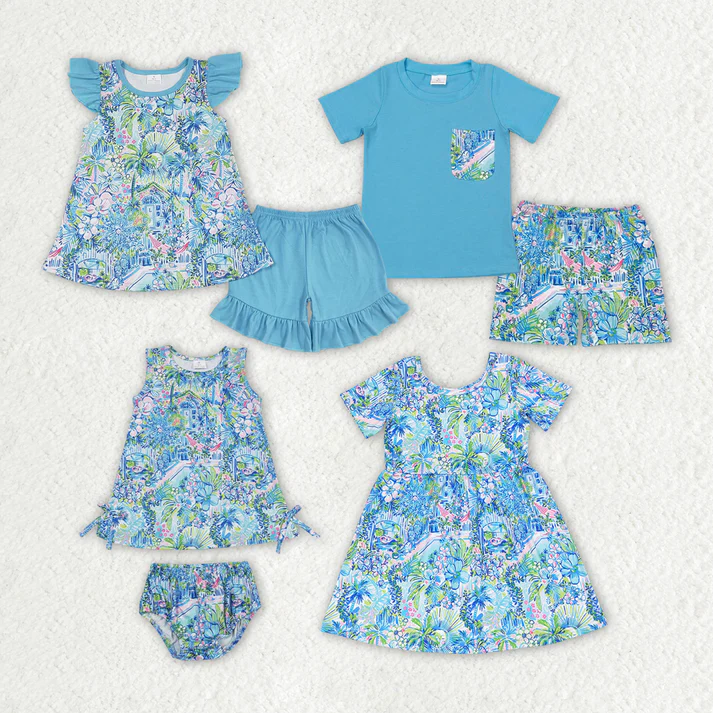 RTS Baby Girls Blue Flowers Sibling Rompers Clothes Sets