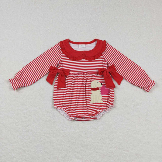 LR0763 Embroidered puppy heart bow lace red and white striped long-sleeved jumpsuit