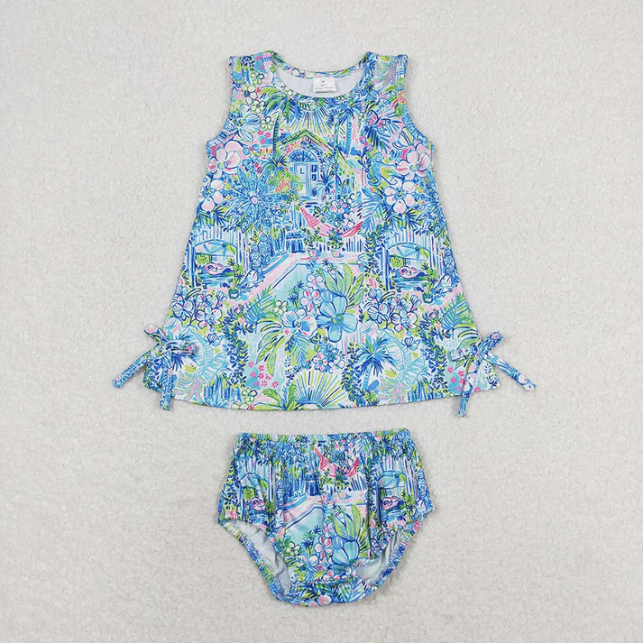 RTS Baby Girls Blue Flowers Sibling Rompers Clothes Sets