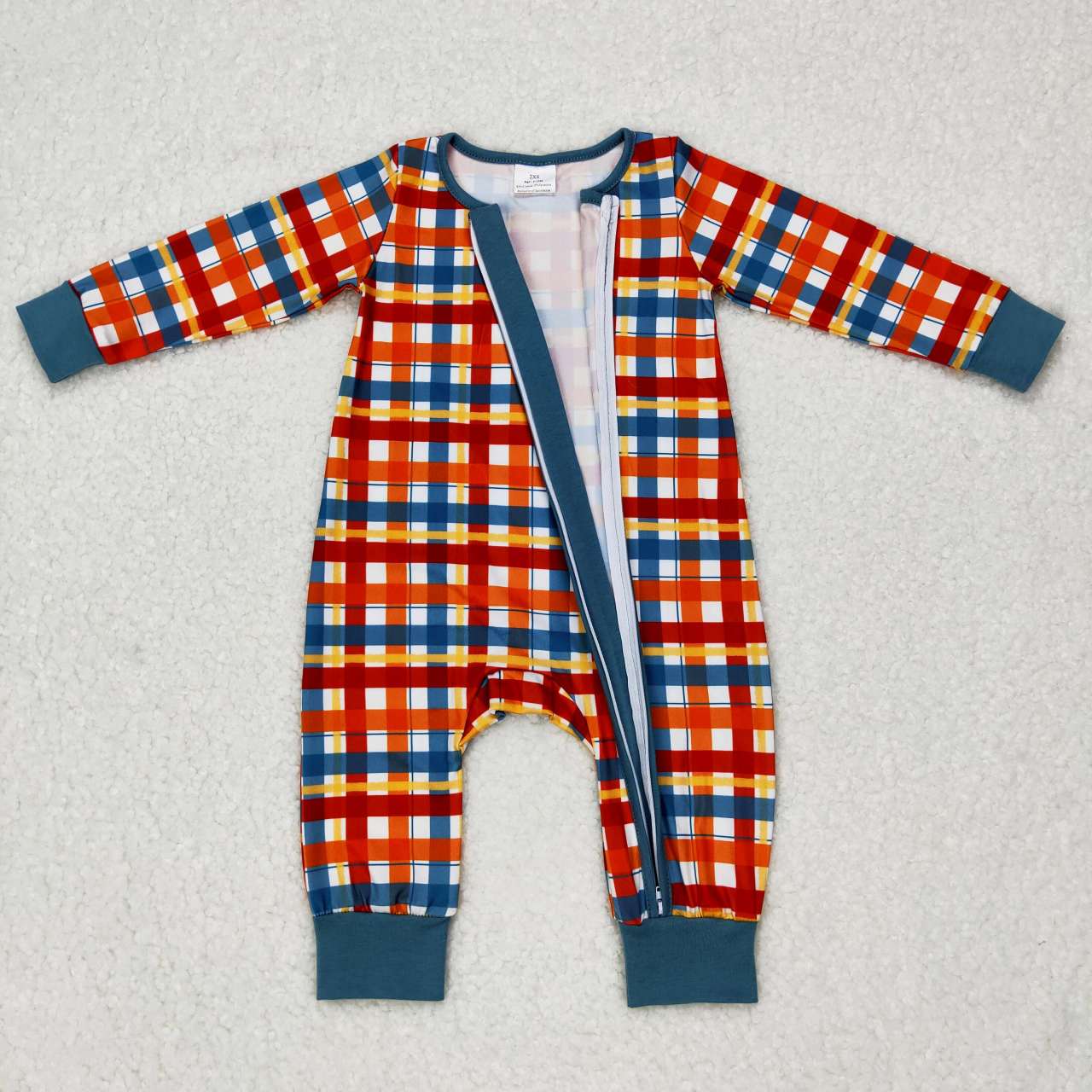 LR0622 Orange and green plaid zipper long-sleeved jumpsuit