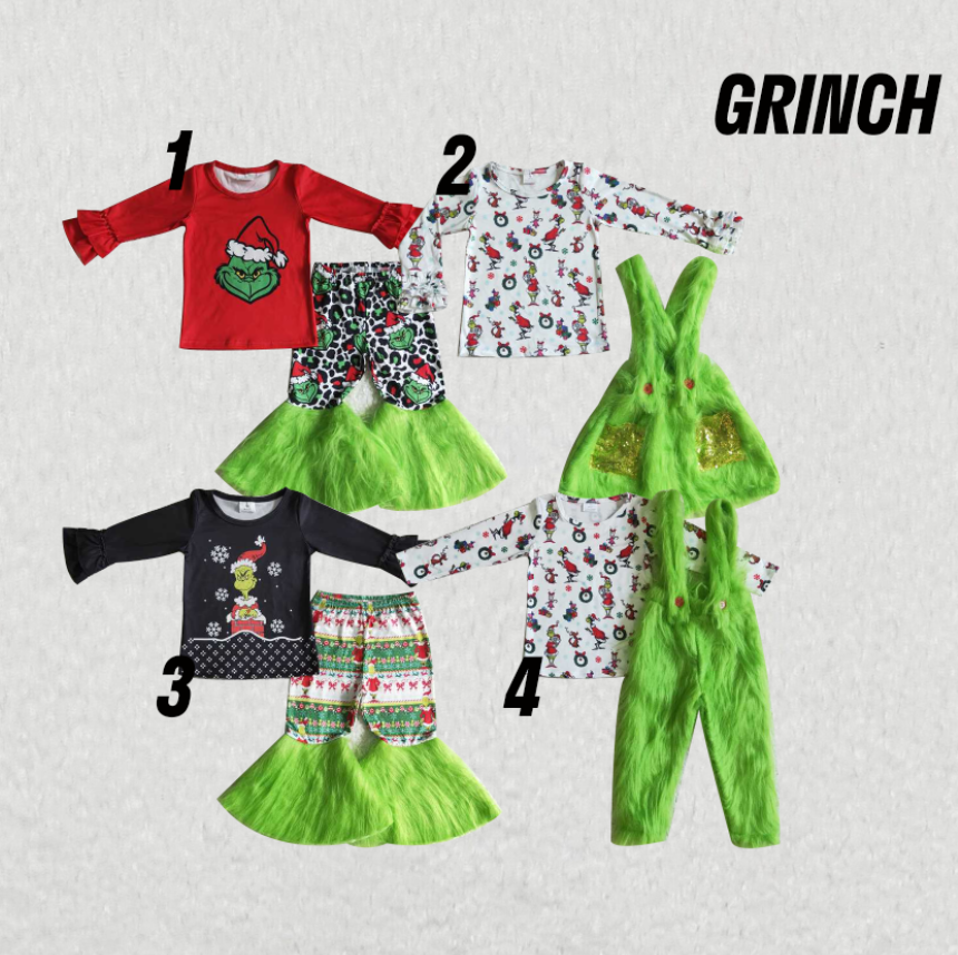 RTS NO MOQ GLP0151 Girls christmas green with fur boys and girls Santa hat long sleeve and long pants suit