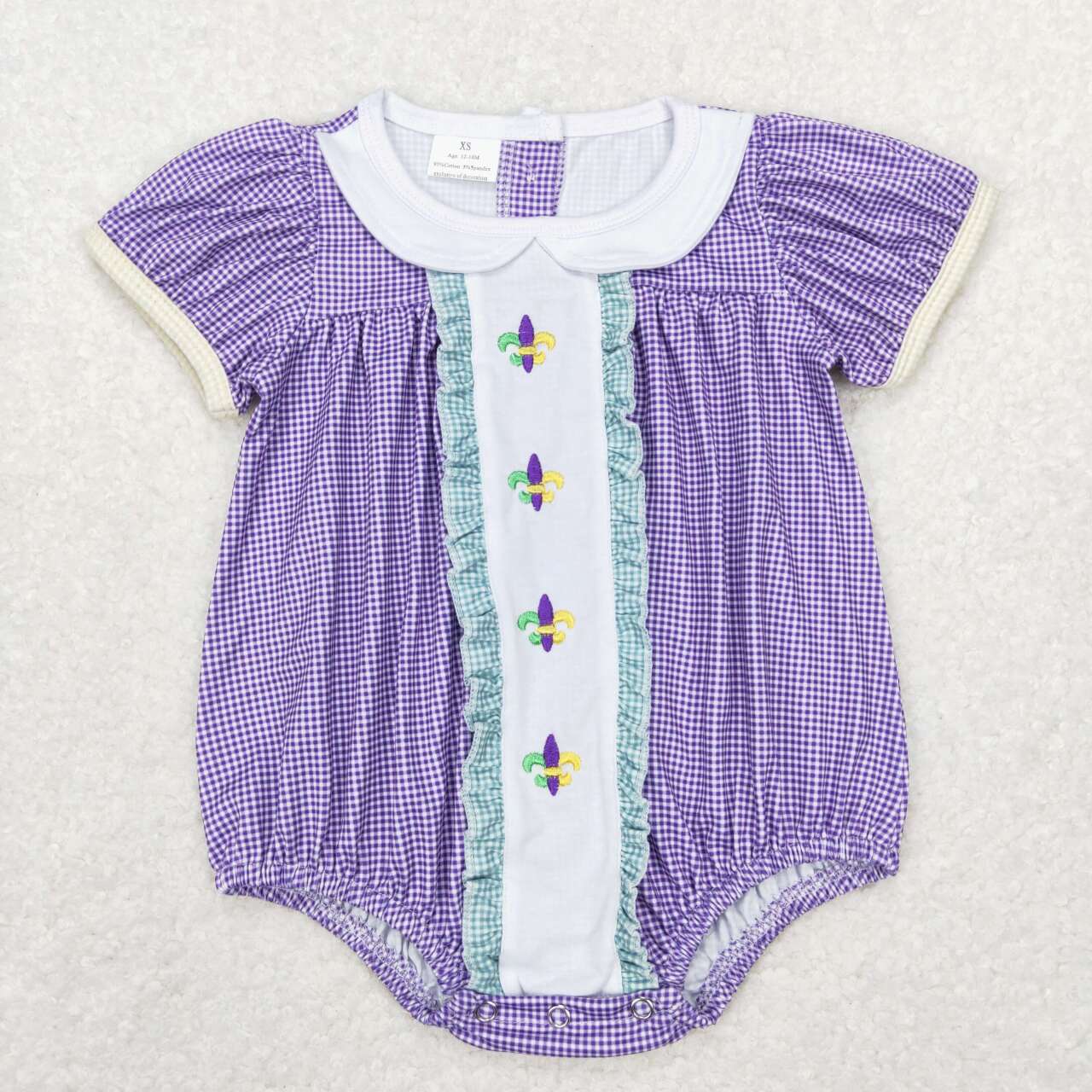 SR0471 Embroidered Mardi Gras Lace Purple and White Plaid Short Sleeve Jumpsuit