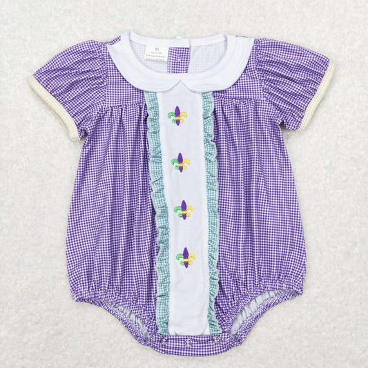 SR0471 Embroidered Mardi Gras Lace Purple and White Plaid Short Sleeve Jumpsuit