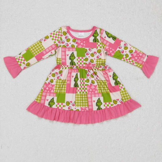 GLD0420 Cartoon grinch red and green plaid pink lace beige long-sleeved dress