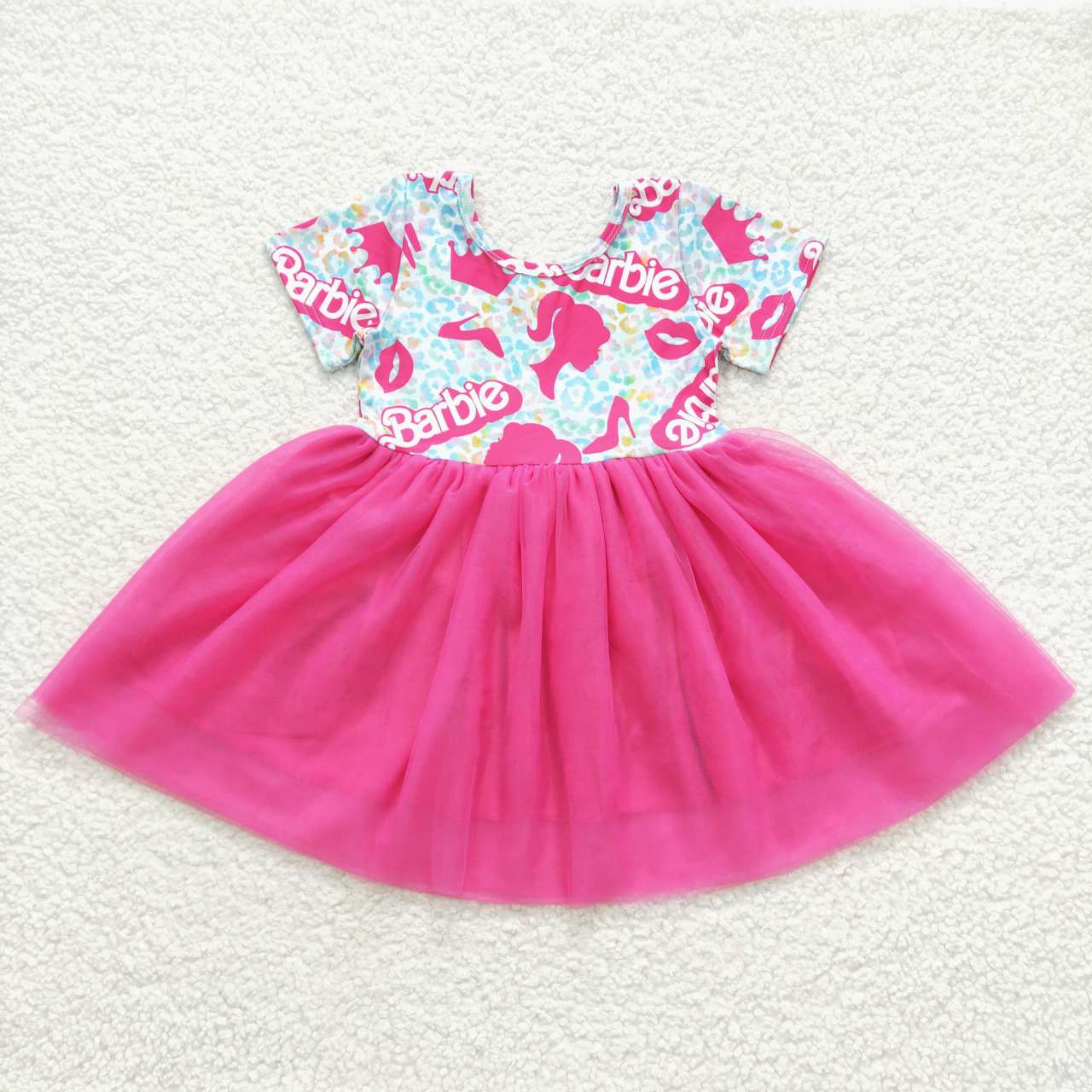 GSD0462 barbie color leopard tulle rose red short-sleeved dress