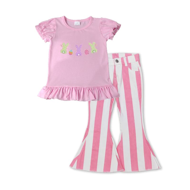 P0315 Pink and white striped denim trousers+GT0391 Embroidery Easter Egg Rabbit Pink Lantern Sleeve Short Sleeve Top