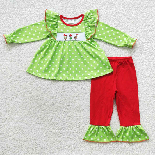 GLP0494 Christmas embroidery cartoon girl grinch dog polka dot green lace long sleeve red trouser suit