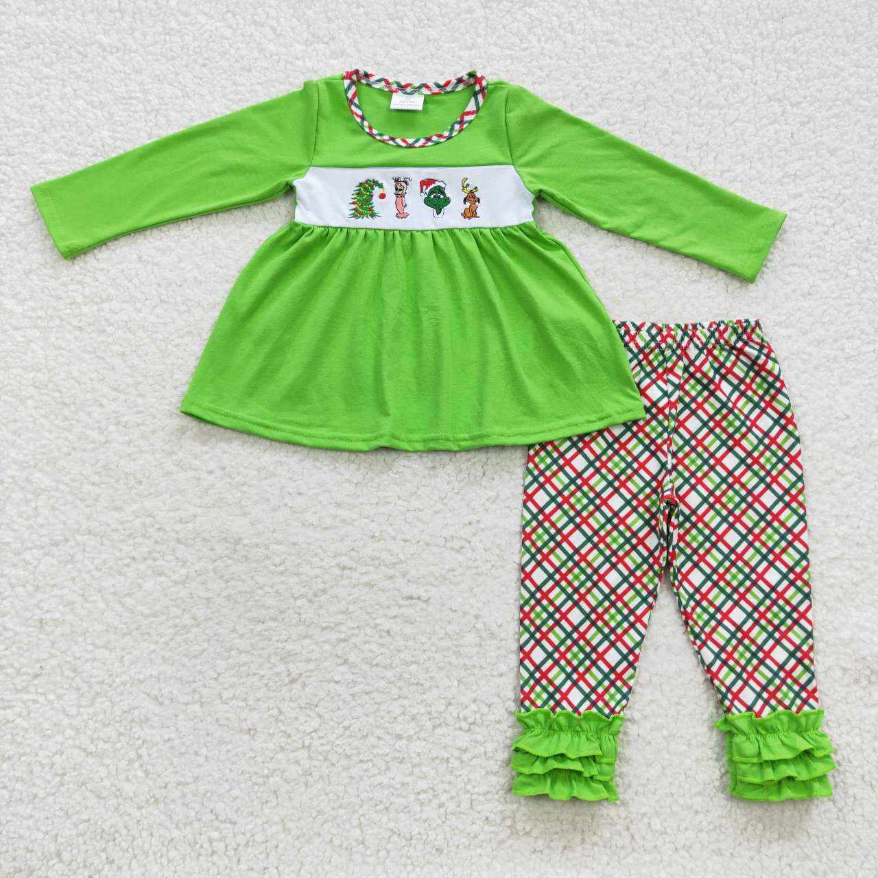 GLP0441 Girls Embroidery Christmas Cartoon Grinch Dog Long Sleeve Plaid Green Lace Trouser Set