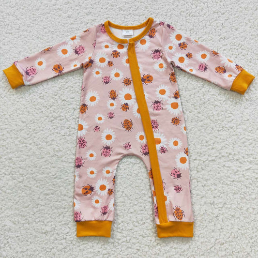 LR0311 Daisy Blossom Ladybug Orange Zipper Long Sleeve Bodysuit