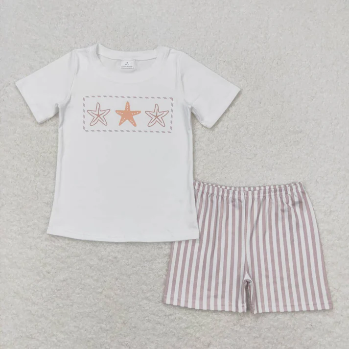 RTS NO MOQ  Baby Girls Boys Sibling Star Fish Stripes Dresses Sets