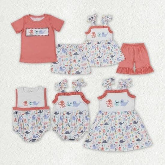 RTS	 BSSO0671 Octopus Crab Seal Brick Red Short Sleeve White Shorts Set Sibling Sister Clothes
