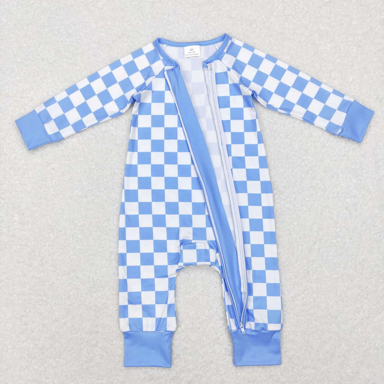 LR0811 Blue and white plaid zippered long-sleeved jumpsuit