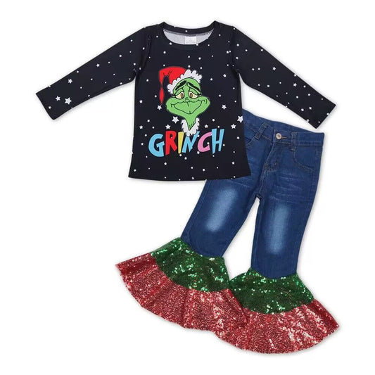 GT0329 grinch letter star black long sleeve top+P0113 Red green sequined denim trousers