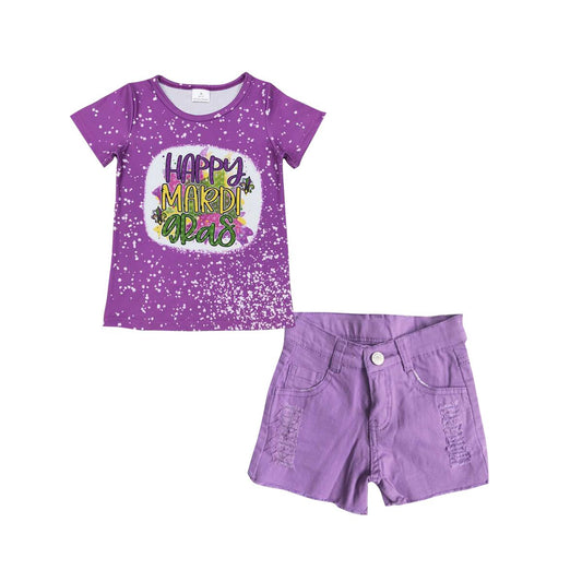 D13-4 Summer denim shorts with frayed purple buttons+GT0374 happy mardi gras letter purple short sleeve top