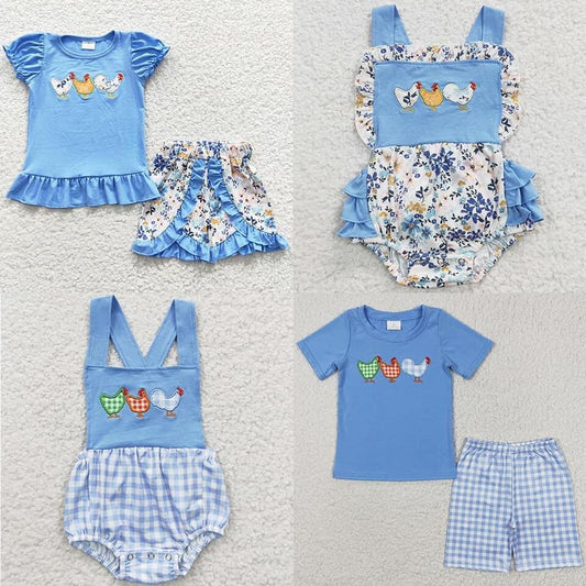 RTSEmbroidery BSSO0201  Boys Blue Short GSSO0211、SR0285 Sleeve Plaid Shorts Set with Embroidered Rooster