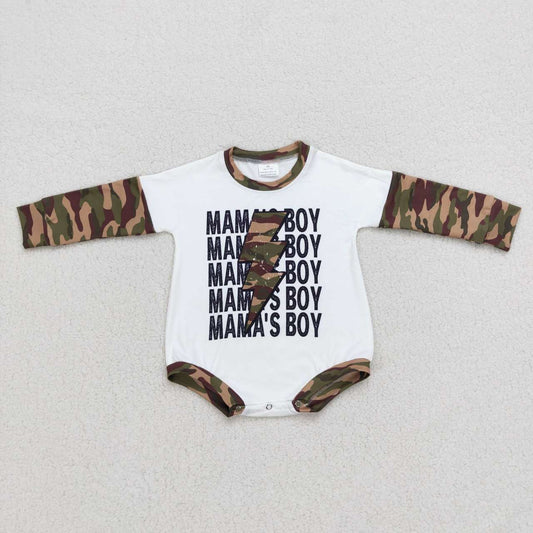 LR0676 mama's boy letter lightning camouflage white long sleeve jumpsuit