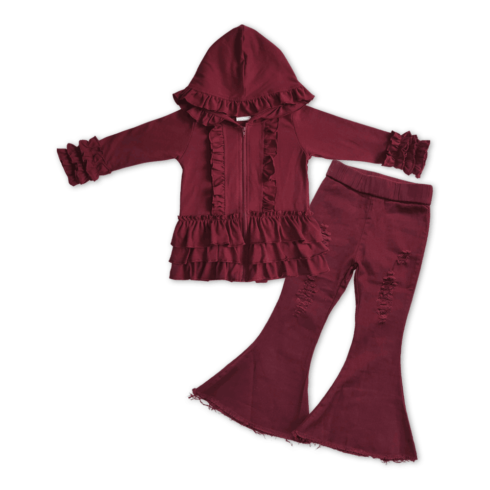 GT0014 Girls burgundy hooded zipper long sleeve jacket+P0047 Dark red elastic band jeans