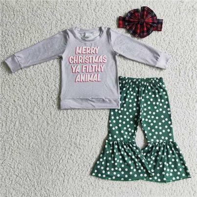 6 A7-16 girls christmas outfit long sleeve and long pants cartoon print with bow