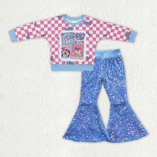 RTS NO MOQ ETA 6-7DAYS ARRIVED GT0732+P0111 Baby Girls Christmas Dog Shirt Blue Sequin Bell Pants Clothes Sets