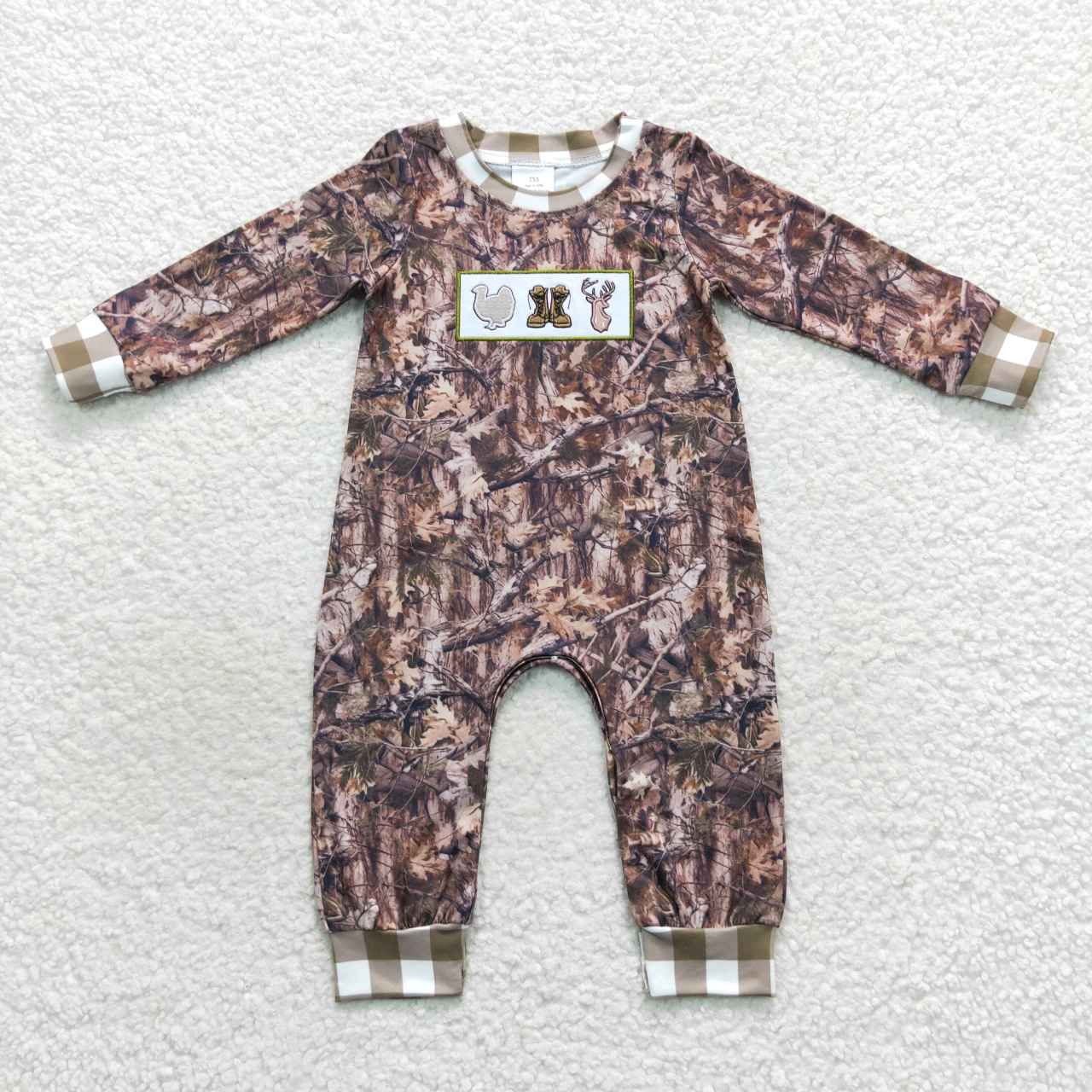 LR0527 Embroidered Turkey Boots Deer Leaf Plaid Green Long Sleeve Jumpsuit