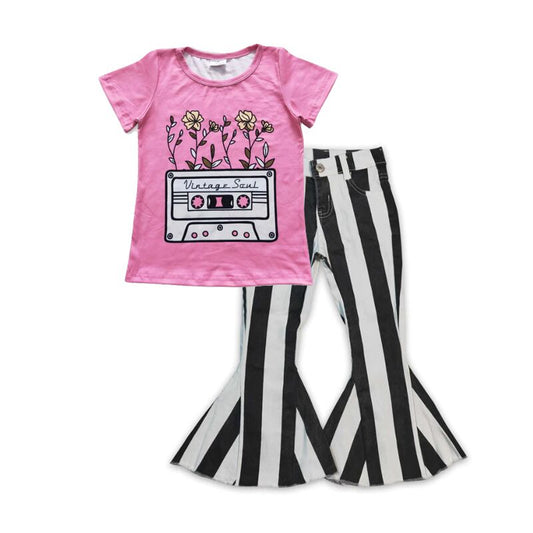 P0046 Black and white striped denim trousers+GT0226 vintage soul floral pink short sleeve top