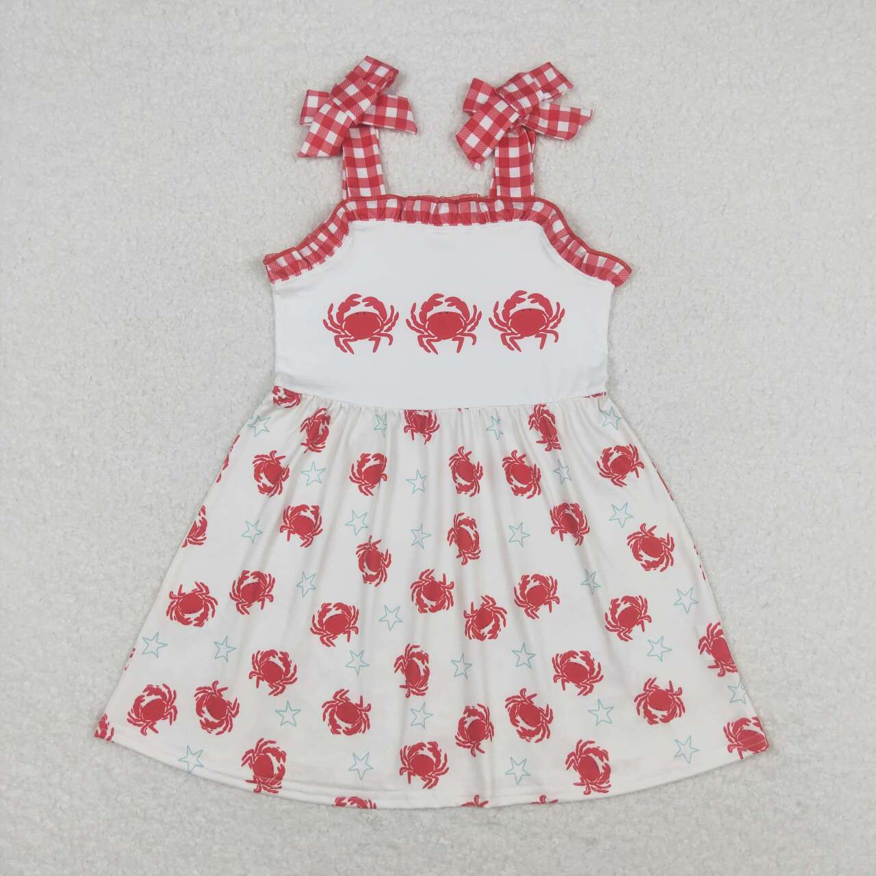 RTS NO MOQ（In Stock) Crab star red and white plaid lace beige suspender dress