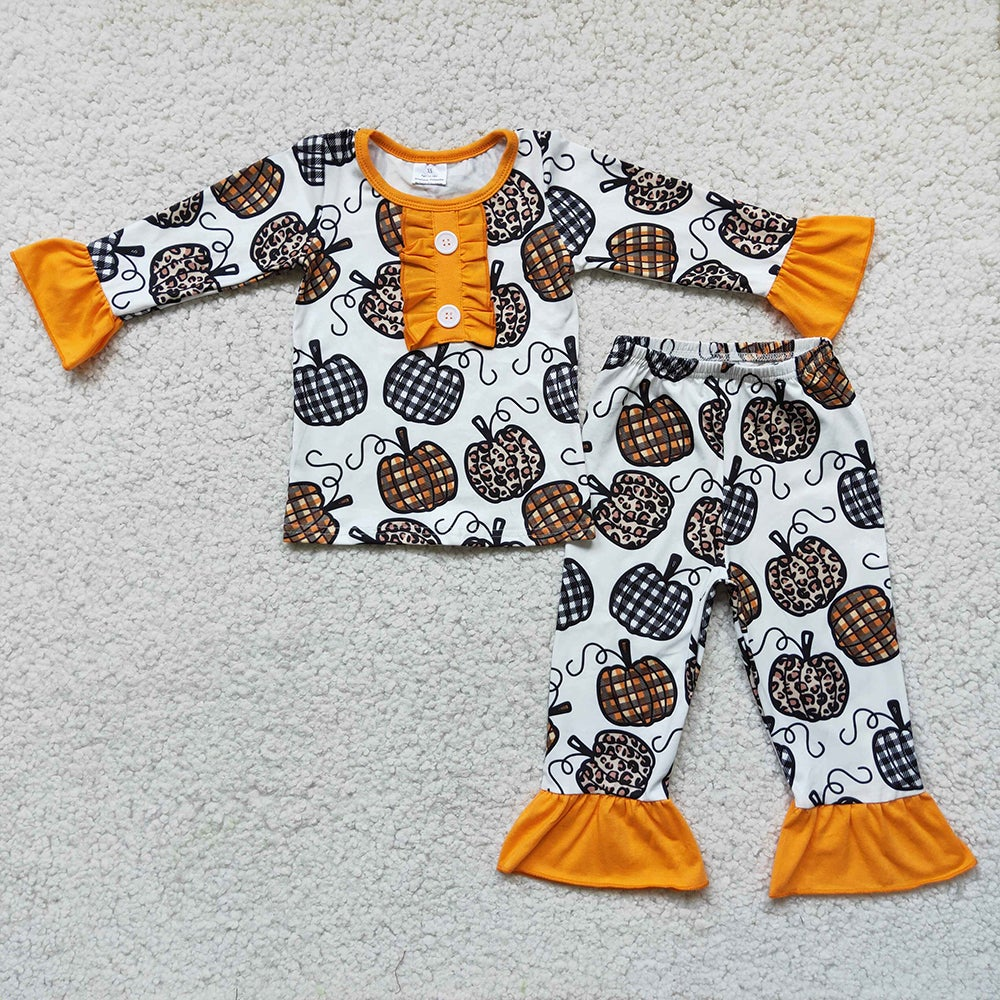 RTS NO MOQ PUMKIN Baby Girls Boys Fall Checked Pumpkins Sibling Dresses Pajamas Clothes Sets