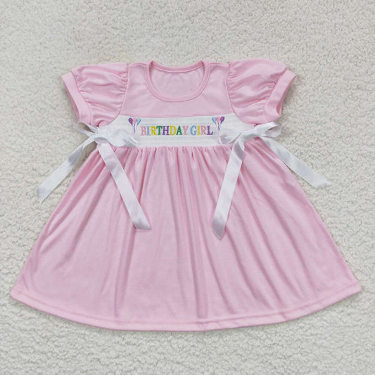 GSD0433 birthday girl embroidered balloon colorful letters smocked bow pink short-sleeved dress