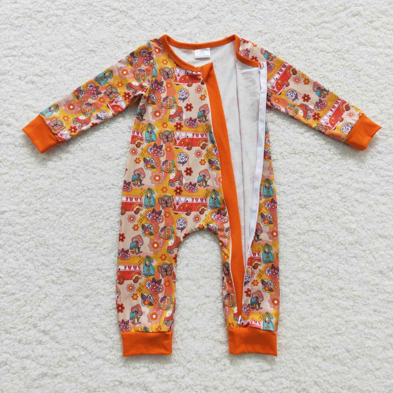 LR0485 Flower Bus Butterfly Orange Zipper Long Sleeve Bodysuit