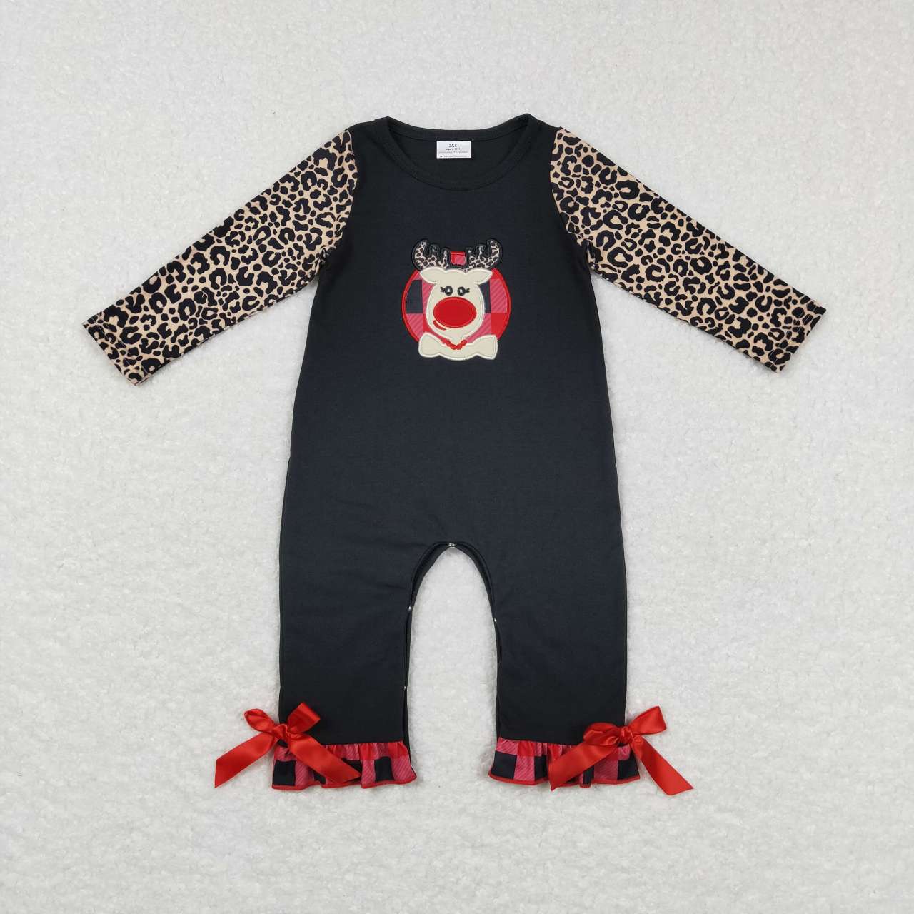 LR0730 Embroidered fawn red and black plaid leopard print long-sleeved jumpsuit