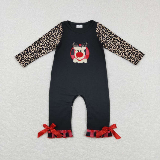 LR0730 Embroidered fawn red and black plaid leopard print long-sleeved jumpsuit