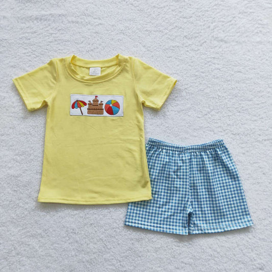 BSSO0248 Boys Embroidered Beach Castle Yellow Short Sleeve Blue Check