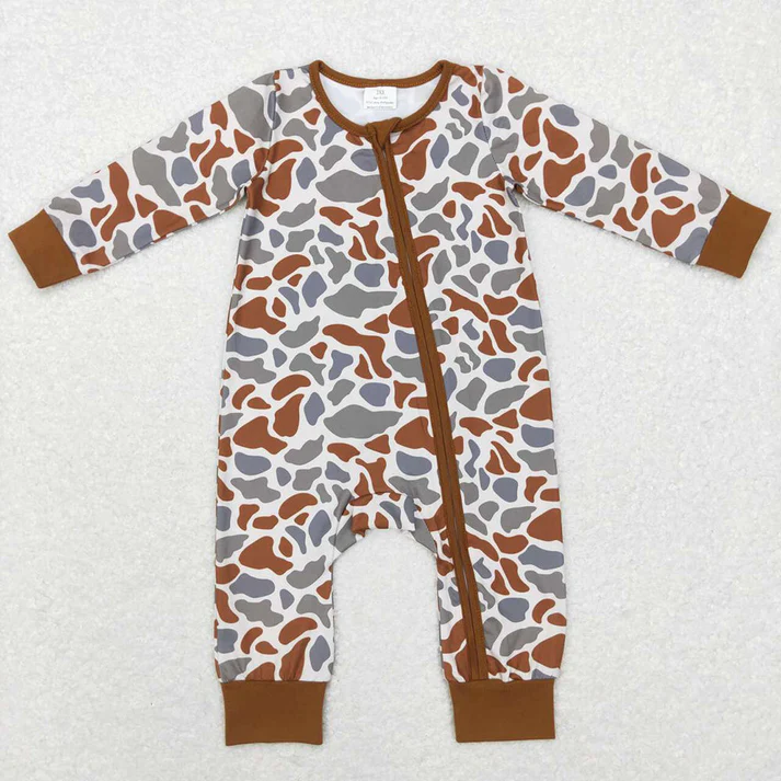 RTS NO MOQ Baby Infant Boys Fall Camo Zip Sleepers Rompers Brown camouflage camouflage brown