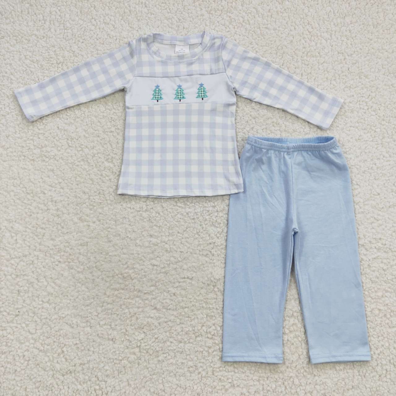 BLP0178 Embroidered Christmas Tree Plaid Blue Long Sleeve Trouser Set