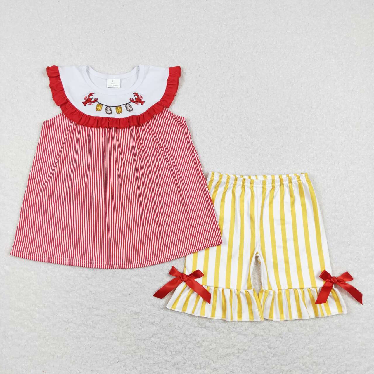 RTS NO MOQ（In Stock) Embroidered crayfish corn red lace bow sleeveless yellow and white striped shorts suit
