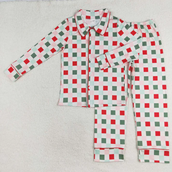 RTS Mommy And Me Red Green Pink Plaid Print Christmas Family Matching Pajamas Clothes