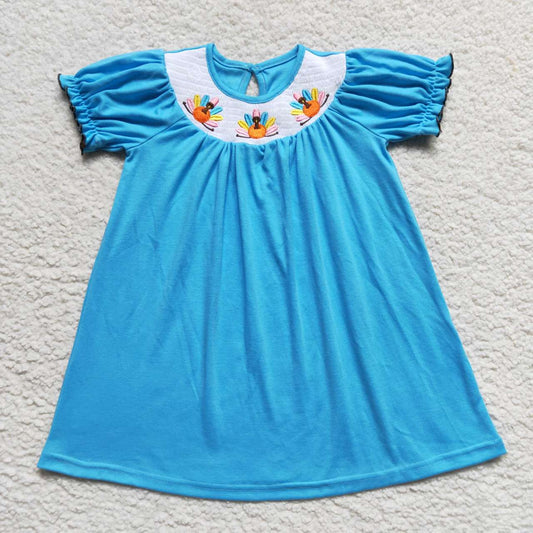 GSD0436 smocked embroidered turkey blue short sleeve dress