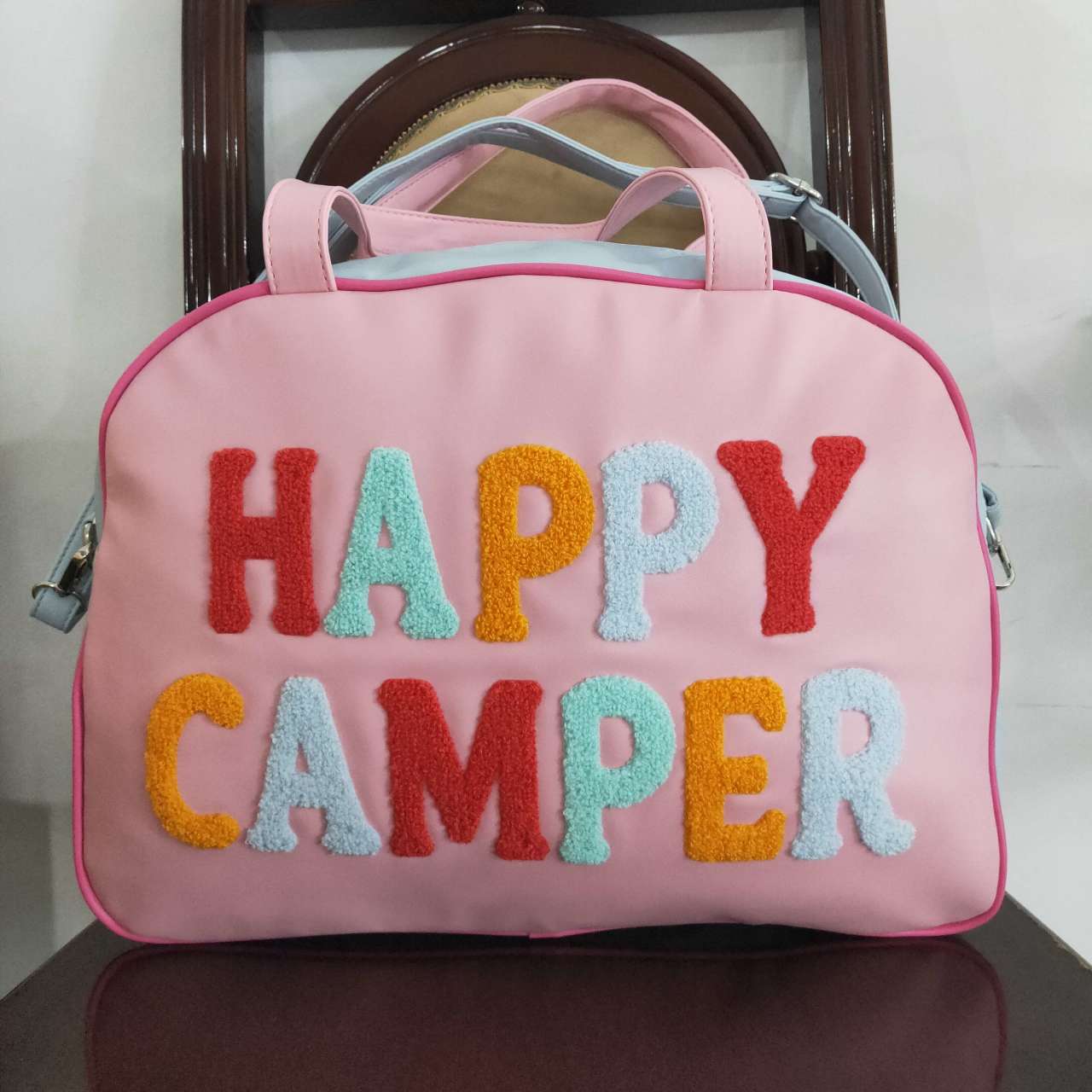 BA0105 happy camper pink and blue handbag