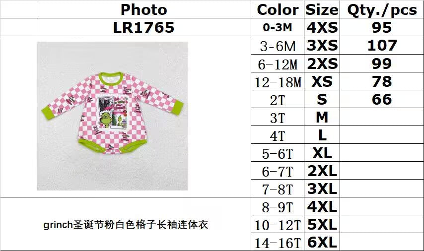 RTS NO MOQ ETA 5/7days arrived LR1765 Grinch Christmas pink and white plaid long-sleeved jumpsuit