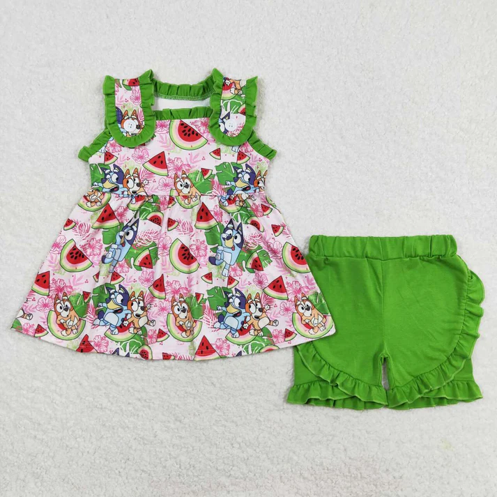 RTS NO MOQ Baby Girls Watermelon Dogs Sibling Brother Rompers Clothes Sets
