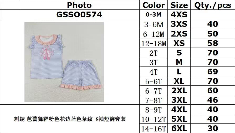 GSSO0574 Embroidered ballet shoes pink lace blue striped flying sleeve shorts suit