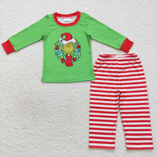 BLP0289 Grinch Garland Green Long Sleeve Red Striped Pants Suit
