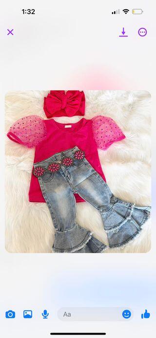 GT0176 Rose lace long-sleeved top+C5-15 Light bleached double denim flared pants +GB0009 rose turquoise belt