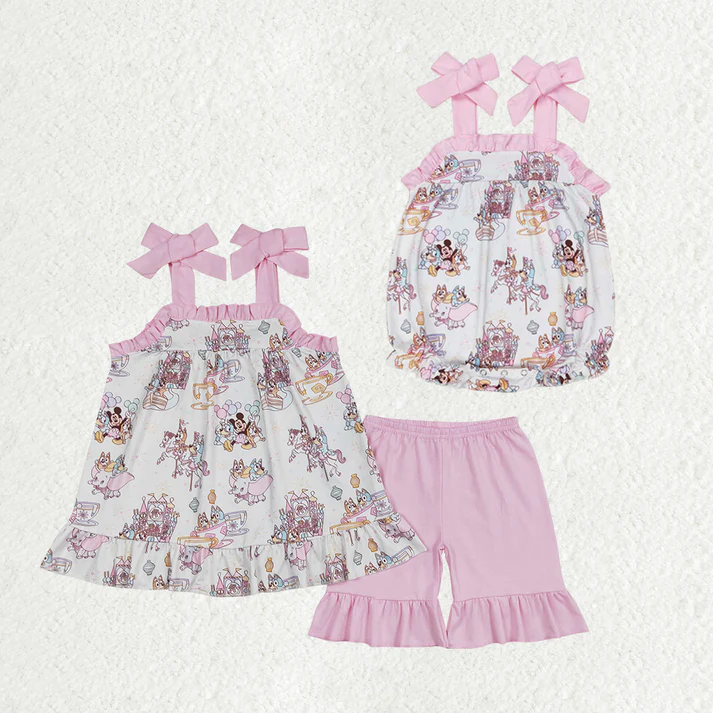 RTS NO MOQ Baby Girls Cartoon Castle Summer Sibling Rompers Shorts Clothes Sets