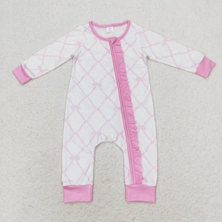 RTS NO MOQ Baby Girls Bamboo Pink Bows Sibling Rompers Bamboo Pajamas Clothes Sets
