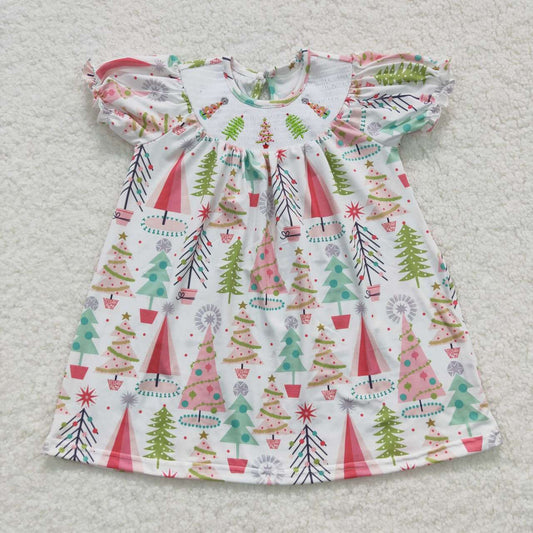 GSD0440 smocked embroidered Christmas tree white short-sleeved dress